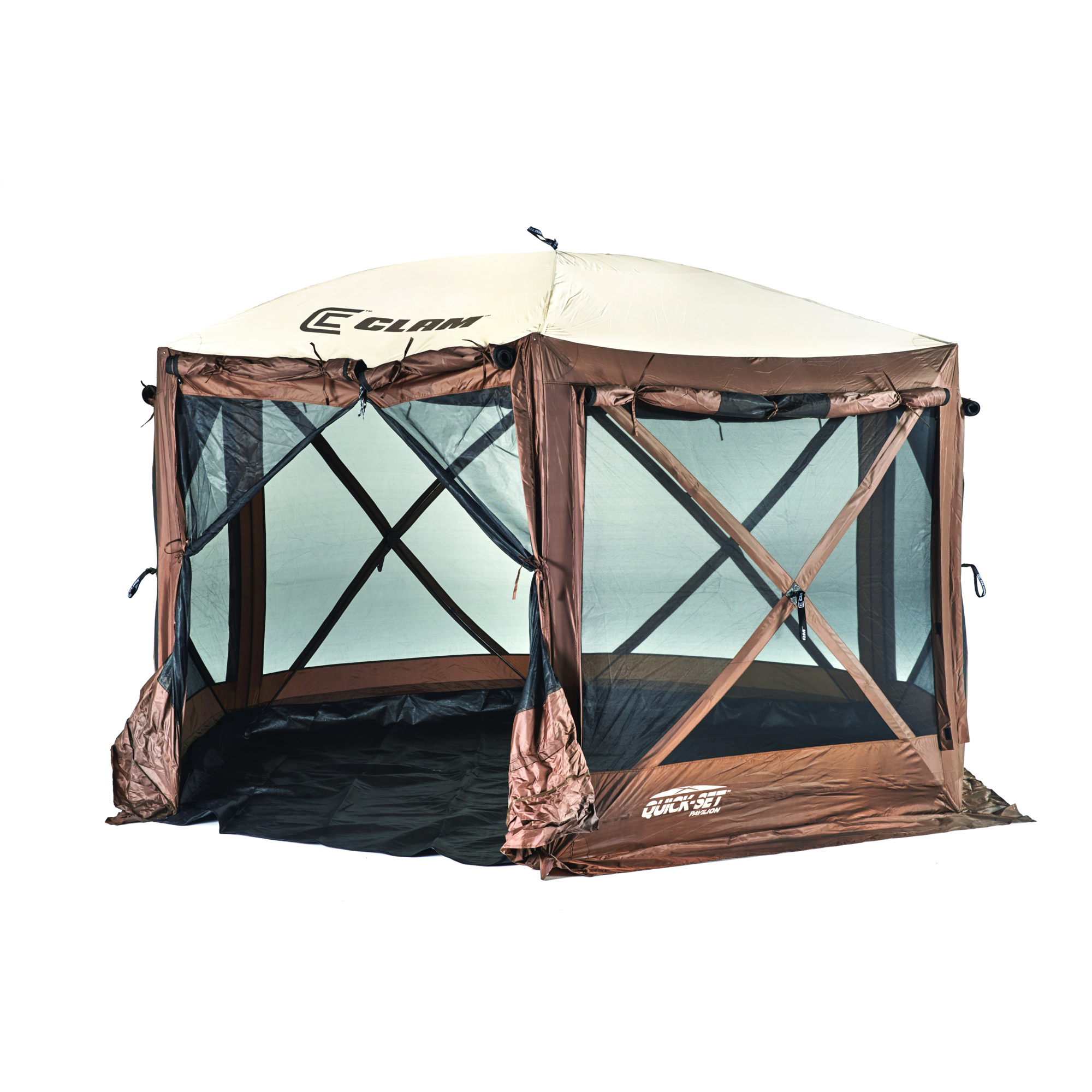 Clam Quick-Set, Pavilion Brown/Tan Roof Zip Down sides Floor, Length 12.5 ft, Width 12.5 ft, Color Brown, Model# 12876